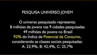 PESQUISA UNIVERSO JOVEM

     O universo pesquisado representa:
8 milhões de jovens nas 9 cidades pesquisadas
        49 milhões de jovens no Brasil
  92% do Índice de Potencial de Consumo,
 considerando as classes sociais pesquisadas:
       A: 23,9%, B: 42,4%, C: 25,7%
 