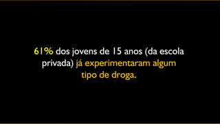 61% dos jovens de 15 anos (da escola
  privada) já experimentaram algum
             tipo de droga.
 