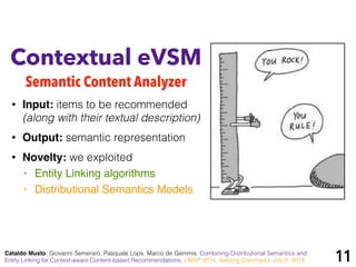 !
• Input: items to be recommended
(along with their textual description)
• Output: semantic representation
• Novelty: we exploited
• Entity Linking algorithms!
• Distributional Semantics Models
Contextual eVSM
Semantic Content Analyzer
Cataldo Musto, Giovanni Semeraro, Pasquale Lops, Marco de Gemmis. Combining Distributional Semantics and
Entity Linking for Context-aware Content-based Recommendations. UMAP 2014, Aalborg (Denmark), July 8, 2014 11
 