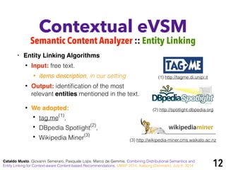 Contextual eVSM
• Entity Linking Algorithms!
• Input: free text.
• items description, in our setting
• Output: identiﬁcation of the most
relevant entities mentioned in the text.
• We adopted:
• tag.me(1)
,
• DBpedia Spotlight(2)
,
• Wikipedia Miner(3)
Semantic Content Analyzer :: Entity Linking
Cataldo Musto, Giovanni Semeraro, Pasquale Lops, Marco de Gemmis. Combining Distributional Semantics and
Entity Linking for Context-aware Content-based Recommendations. UMAP 2014, Aalborg (Denmark), July 8, 2014
(1) http://tagme.di.unipi.it
(2) http://spotlight.dbpedia.org
(3) http://wikipedia-miner.cms.waikato.ac.nz
12
 