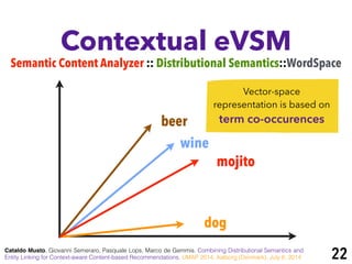 Contextual eVSM
Semantic Content Analyzer :: Distributional Semantics::WordSpace
Cataldo Musto, Giovanni Semeraro, Pasquale Lops, Marco de Gemmis. Combining Distributional Semantics and
Entity Linking for Context-aware Content-based Recommendations. UMAP 2014, Aalborg (Denmark), July 8, 2014
beer
wine
mojito
dog
22
Vector-space
representation is based on
term co-occurences
 