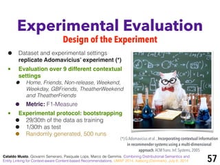Experimental Evaluation
Design of the Experiment
Cataldo Musto, Giovanni Semeraro, Pasquale Lops, Marco de Gemmis. Combining Distributional Semantics and
Entity Linking for Context-aware Content-based Recommendations. UMAP 2014, Aalborg (Denmark), July 8, 2014 57
• Dataset and experimental settings
replicate Adomavicius’ experiment (*)!
• Evaluation over 9 different contextual
settings!
• Home, Friends, Non-release, Weekend,
Weekday, GBFriends, TheatherWeekend
and TheatherFriends
• Metric: F1-Measure
• Experimental protocol: bootstrapping!
• 29/30th of the data as training
• 1/30th as test
• Randomly generated, 500 runs
(*) G.Adomavicius et al. , Incorporating contextual information
in recommender systems using a multi-dimensional
approach.ACM Trans. Inf. Systems, 2005
 