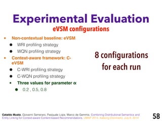 Experimental Evaluation
eVSM configurations
Cataldo Musto, Giovanni Semeraro, Pasquale Lops, Marco de Gemmis. Combining Distributional Semantics and
Entity Linking for Context-aware Content-based Recommendations. UMAP 2014, Aalborg (Denmark), July 8, 2014 58
• Non-contextual baseline: eVSM!
• WRI proﬁling strategy
• WQN proﬁling strategy
• Context-aware framework: C-
eVSM!
• C-WRI proﬁling strategy
• C-WQN proﬁling strategy
• Three values for parameter α!
• 0.2 , 0.5, 0.8
8 conﬁgurations
for each run
 