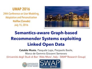 Semantics-aware Graph-based
Recommender Systems exploiting
Linked Open Data
Cataldo Musto, Pasquale Lops, Pierpaolo Basile,
Marco de Gemmis Giovanni Semeraro
(Università degli Studi di Bari ‘Aldo Moro’, Italy - SWAP Research Group)
UMAP 2016
24th Conference on User Modeling,
Adaptation and Personalization
Halifax (Canada)
July 15, 2016
 