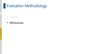 Evaluation Methodology
• Dataset
• Effectiveness
Introduction
and
Background
Pioneering
Techniques
Learning-based
Heuristics
Challenges
and
New
Perspectives
 