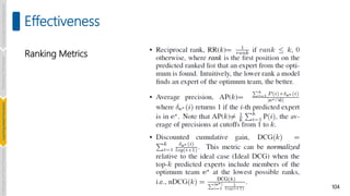 104
Effectiveness
Ranking Metrics
Introduction
and
Background
Pioneering
Techniques
Learning-based
Heuristics
Challenges
and
New
Perspectives
 