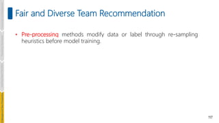 117
Fair and Diverse Team Recommendation
• Pre-processing methods modify data or label through re-sampling
heuristics before model training.
Introduction
and
Background
Pioneering
Techniques
Learning-based
Heuristics
hallenges
and
New
Perspectives
 