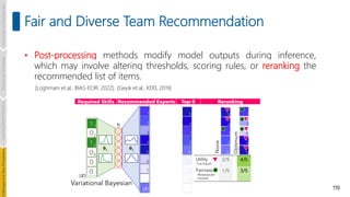 119
Fair and Diverse Team Recommendation
• Post-processing methods modify model outputs during inference,
which may involve altering thresholds, scoring rules, or reranking the
recommended list of items.
[Loghmani et.al., BIAS-ECIR, 2022], [Geyik et.al., KDD, 2019]
Introduction
and
Background
Pioneering
Techniques
Learning-based
Heuristics
hallenges
and
New
Perspectives
 