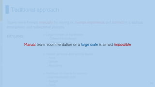 30
o Large number of candidates
- Different knowledge
- Different culture
- Different characteristic
o Hidden personal and societal biases
- Race
- Gender
- Popularity
o Multitude of criteria to optimize
- Communication cost
- Budget
- Time
Traditional approach
Teams were formed manually by relying on human experience and instinct in a tedious,
error-prone, and suboptimal process.
Difficulties:
Introduction
and
Background
Pioneering
Techniques
Learning-based
Heuristics
Challenges
&
New
Perspectives
Manual team recommendation on a large scale is almost impossible
 