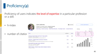 49
Proficiency of users indicates the level of expertise in a particular profession
or a skill.
• h-index
• number of citations
Proficiency(ϕ)
Introduction
and
Background
Pioneering
Techniques
Learning-based
Heuristics
Challenges
&
New
Perspectives
 