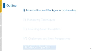 5
Outline
Introduction
and
Background
Pioneering
Techniques
Learning-based
Heuristics
Challenges
&
New
Perspectives
I) Introduction and Background (Hossein)
II) Pioneering Techniques
III) Learning-based Heuristics
IV) Challenges and New Perspectives
Hands-on: OpeNTF
 