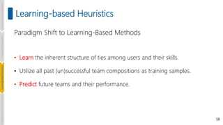 58
Learning-based Heuristics
Paradigm Shift to Learning-Based Methods
• Learn the inherent structure of ties among users and their skills.
• Utilize all past (un)successful team compositions as training samples.
• Predict future teams and their performance.
Introduction
and
Background
Pioneering
Techniques
Learning-based
Heuristics
Challenges
and
New
Perspectives
 