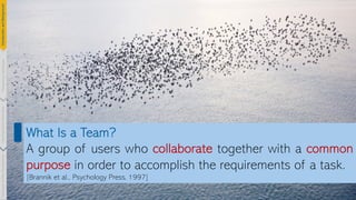 6
What Is a Team?
A group of users who collaborate together with a common
purpose in order to accomplish the requirements of a task.
[Brannik et al., Psychology Press, 1997]
Introduction
and
Background
Pioneering
Techniques
Learning-based
Heuristics
Challenges
&
New
Perspectives
 
