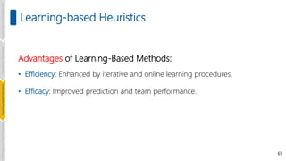 61
Learning-based Heuristics
Advantages of Learning-Based Methods:
• Efficiency: Enhanced by iterative and online learning procedures.
• Efficacy: Improved prediction and team performance.
Introduction
and
Background
Pioneering
Techniques
Learning-based
Heuristics
Challenges
and
New
Perspectives
 