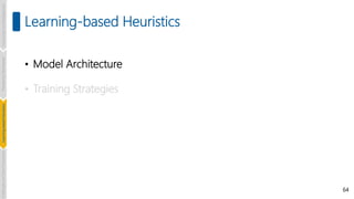 64
Learning-based Heuristics
• Model Architecture
• Training Strategies
Introduction
and
Background
Pioneering
Techniques
Learning-based
Heuristics
Challenges
and
New
Perspectives
 