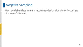 85
Negative Sampling
Most available data in team recommendation domain only consists
of successful teams.
Introduction
and
Background
Pioneering
Techniques
Learning-based
Heuristics
Challenges
and
New
Perspectives
 