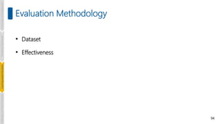 94
• Dataset
• Effectiveness
Introduction
and
Background
Pioneering
Techniques
Learning-based
Heuristics
Challenges
and
New
Perspectives
Evaluation Methodology
 