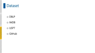 Dataset
o DBLP
o IMDB
o USPT
o GitHub
Introduction
and
Background
Pioneering
Techniques
Learning-based
Heuristics
Challenges
and
New
Perspectives
 