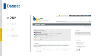 Dataset
o DBLP
o IMDB
o USPT
o GitHub
Introduction
and
Background
Pioneering
Techniques
Learning-based
Heuristics
Challenges
and
New
Perspectives
 