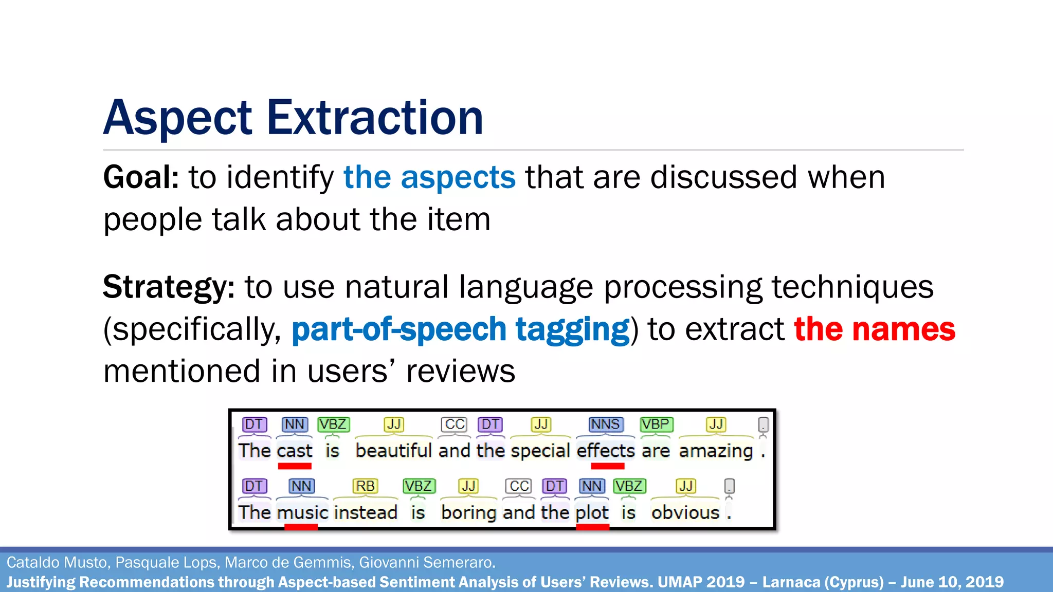 Aspect Extraction
Cataldo Musto, Pasquale Lops, Marco de Gemmis, Giovanni Semeraro.
Justifying Recommendations through Aspect-based Sentiment Analysis of Users’ Reviews. UMAP 2019 – Larnaca (Cyprus) – June 10, 2019
Goal: to identify the aspects that are discussed when
people talk about the item
Strategy: to use natural language processing techniques
(specifically, part-of-speech tagging) to extract the names
mentioned in users’ reviews
 