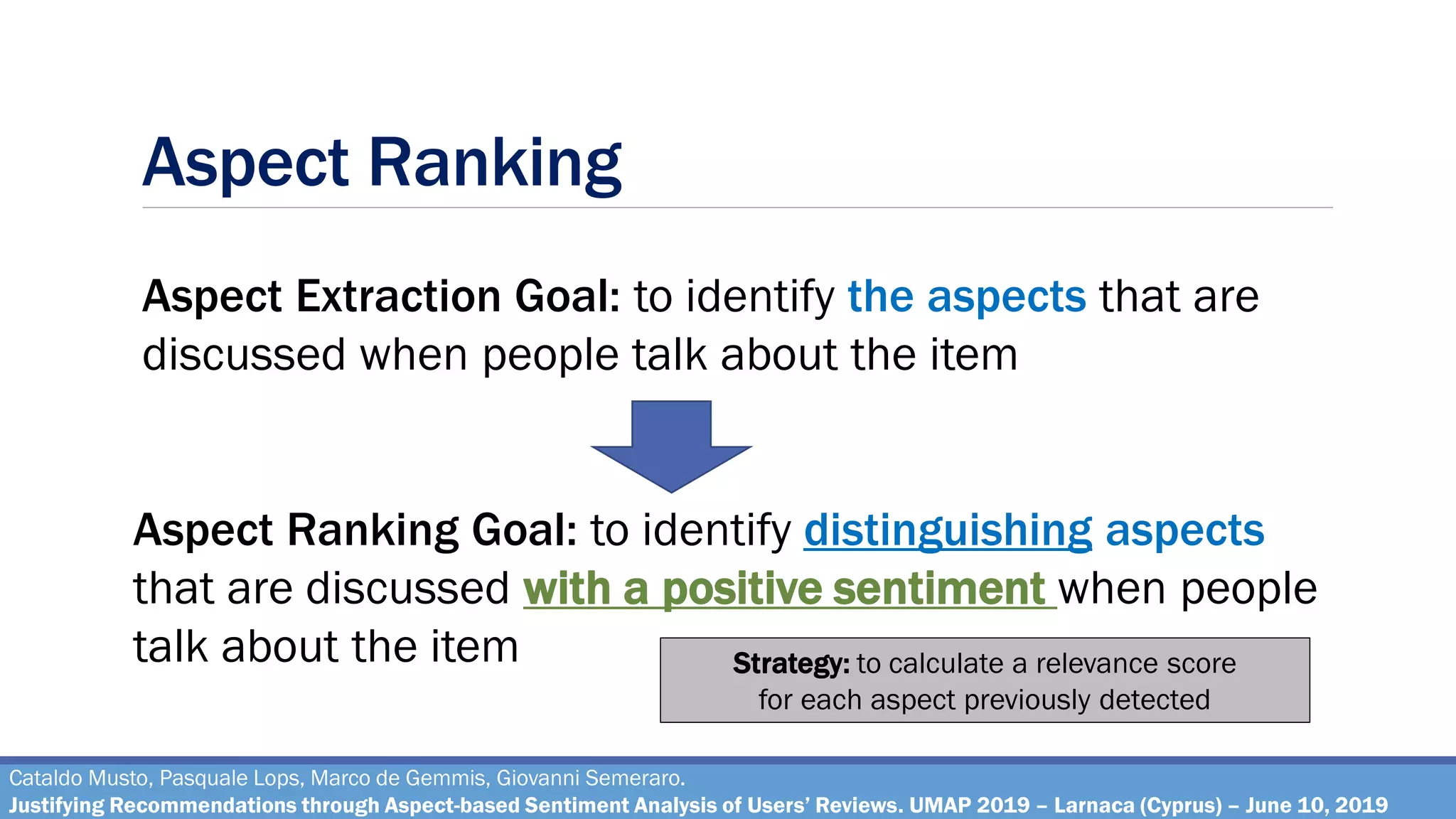 Aspect Ranking
Cataldo Musto, Pasquale Lops, Marco de Gemmis, Giovanni Semeraro.
Justifying Recommendations through Aspect-based Sentiment Analysis of Users’ Reviews. UMAP 2019 – Larnaca (Cyprus) – June 10, 2019
Aspect Extraction Goal: to identify the aspects that are
discussed when people talk about the item
Aspect Ranking Goal: to identify distinguishing aspects
that are discussed with a positive sentiment when people
talk about the item Strategy: to calculate a relevance score
for each aspect previously detected
 