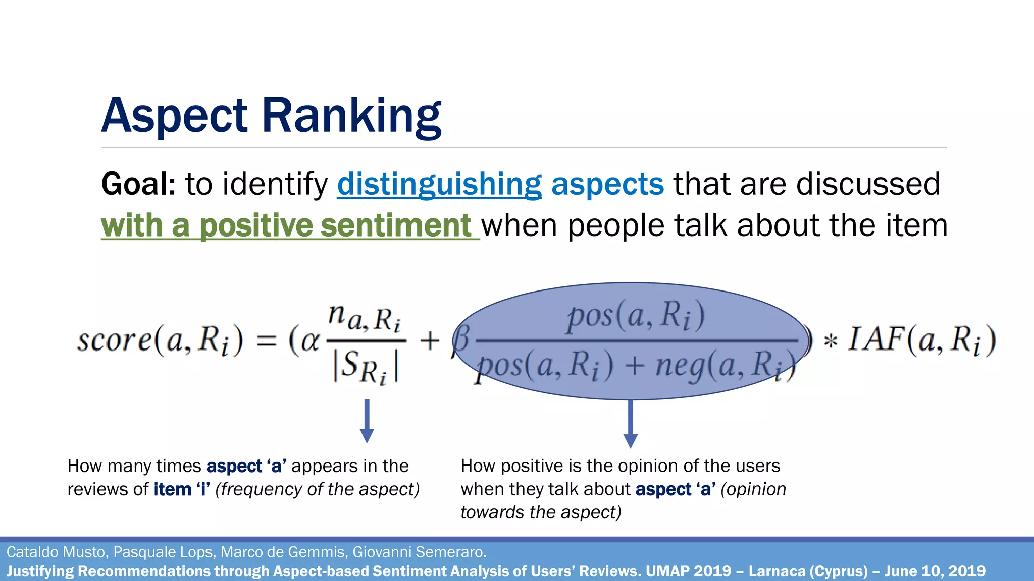Aspect Ranking
Cataldo Musto, Pasquale Lops, Marco de Gemmis, Giovanni Semeraro.
Justifying Recommendations through Aspect-based Sentiment Analysis of Users’ Reviews. UMAP 2019 – Larnaca (Cyprus) – June 10, 2019
Goal: to identify distinguishing aspects that are discussed
with a positive sentiment when people talk about the item
How many times aspect ‘a’ appears in the
reviews of item ‘i’ (frequency of the aspect)
How positive is the opinion of the users
when they talk about aspect ‘a’ (opinion
towards the aspect)
 