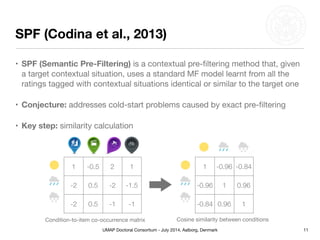 UMAP Doctoral Consortium - July 2014, Aalborg, Denmark
SPF (Codina et al., 2013)
• SPF (Semantic Pre-Filtering) is a contextual pre-ﬁltering method that, given
a target contextual situation, uses a standard MF model learnt from all the
ratings tagged with contextual situations identical or similar to the target one 

• Conjecture: addresses cold-start problems caused by exact pre-ﬁltering
• Key step: similarity calculation
11
1 -0.5 2 1
-2 0.5 -2 -1.5
-2 0.5 -1 -1
1 -0.96 -0.84
-0.96 1 0.96
-0.84 0.96 1
Condition-to-item co-occurrence matrix Cosine similarity between conditions
 