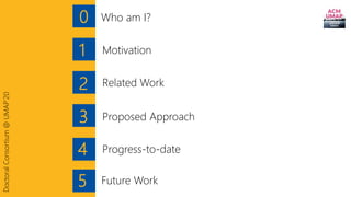 0
1
2
3
Who am I?
Motivation
Related Work
Progress-to-date4
Proposed Approach
DoctoralConsortium@UMAP’20
5 Future Work
 