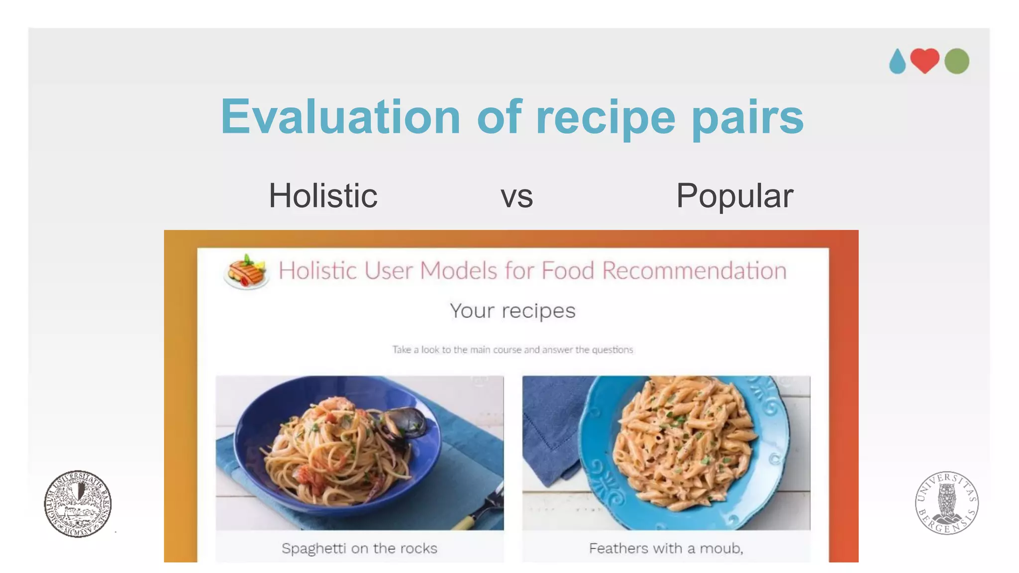 Evaluation of recipe pairs
Holistic vs Popular
 