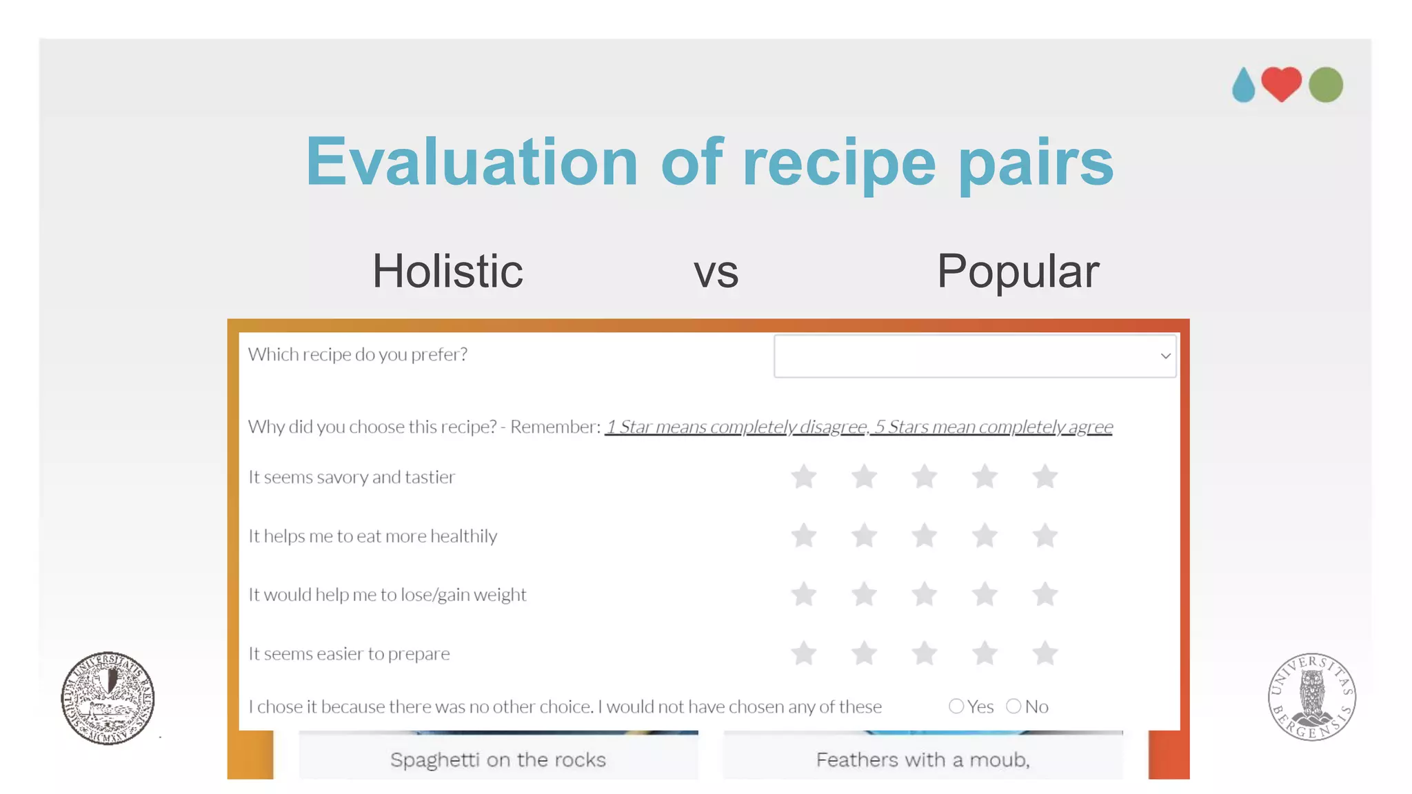Evaluation of recipe pairs
Holistic vs Popular
 