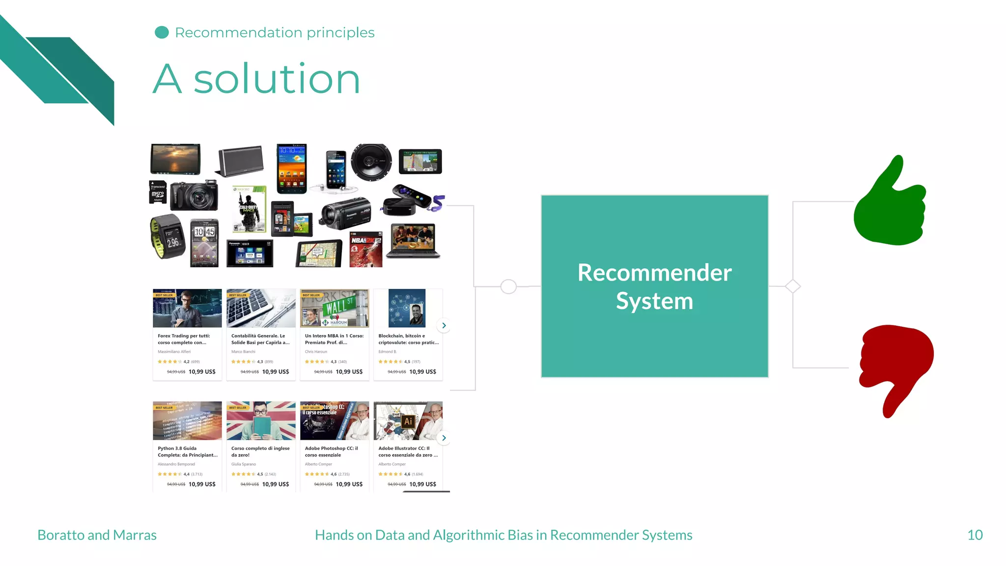 Recommender
System
A solution
10Hands on Data and Algorithmic Bias in Recommender SystemsBoratto and Marras
Recommendation principles
 