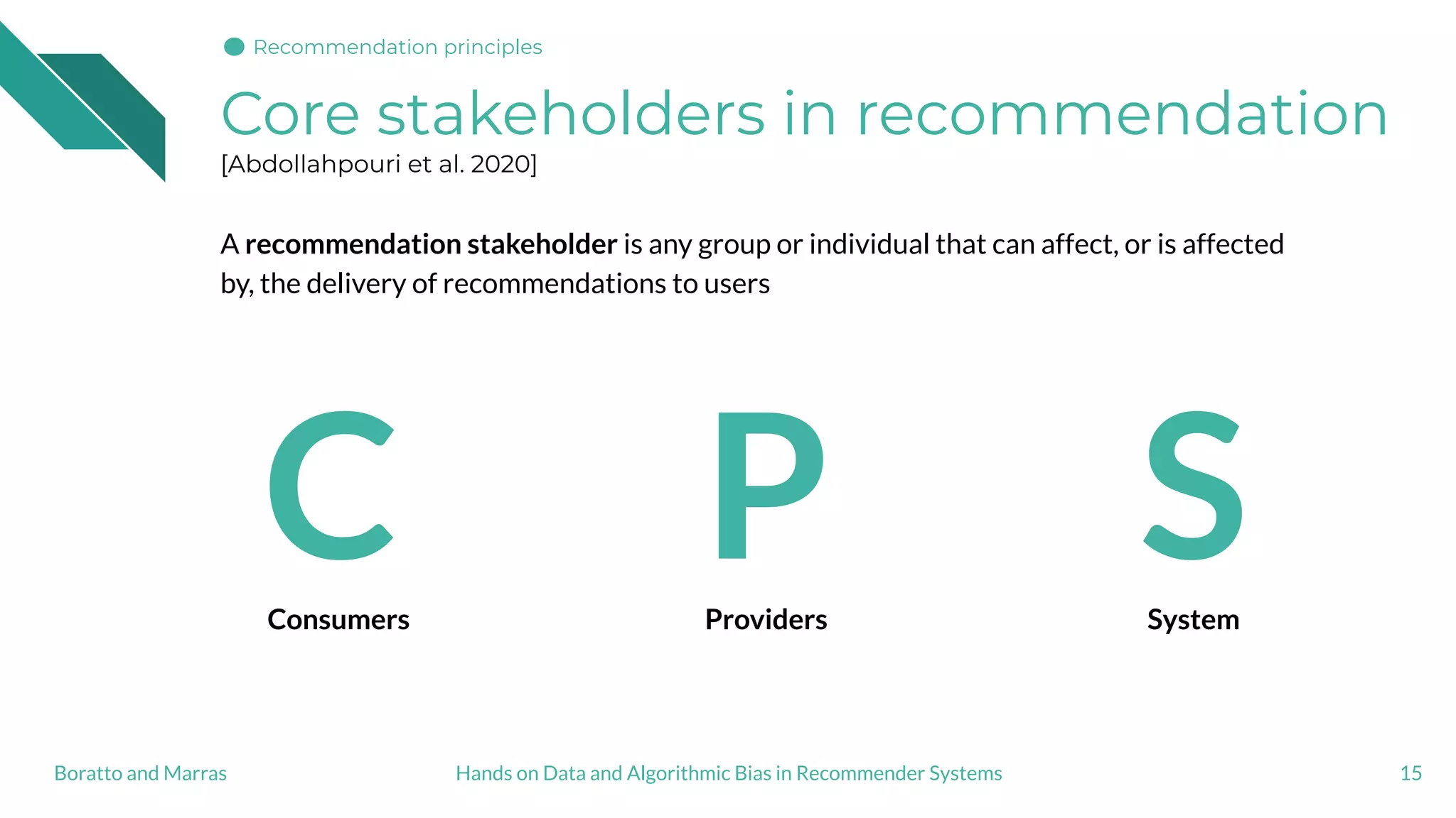 Core stakeholders in recommendation
[Abdollahpouri et al. 2020]
A recommendation stakeholder is any group or individual that can affect, or is affected
by, the delivery of recommendations to users
15
Consumers Providers System
C P S
Hands on Data and Algorithmic Bias in Recommender SystemsBoratto and Marras
Recommendation principles
 