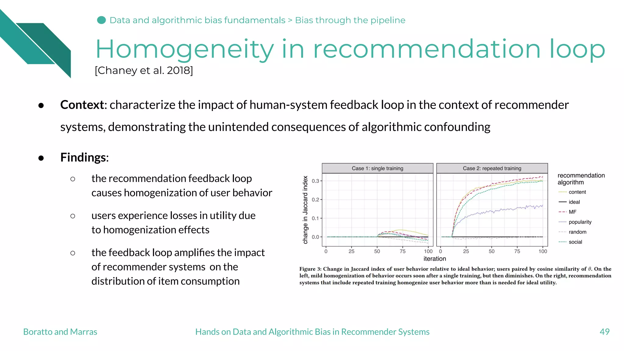 ● Context: characterize the impact of human-system feedback loop in the context of recommender
systems, demonstrating the unintended consequences of algorithmic confounding
● Findings:
○ the recommendation feedback loop
causes homogenization of user behavior
○ users experience losses in utility due
to homogenization effects
○ the feedback loop ampliﬁes the impact
of recommender systems on the
distribution of item consumption
Homogeneity in recommendation loop
[Chaney et al. 2018]
49Hands on Data and Algorithmic Bias in Recommender SystemsBoratto and Marras
Data and algorithmic bias fundamentalsData and algorithmic bias fundamentals > Bias through the pipeline
 