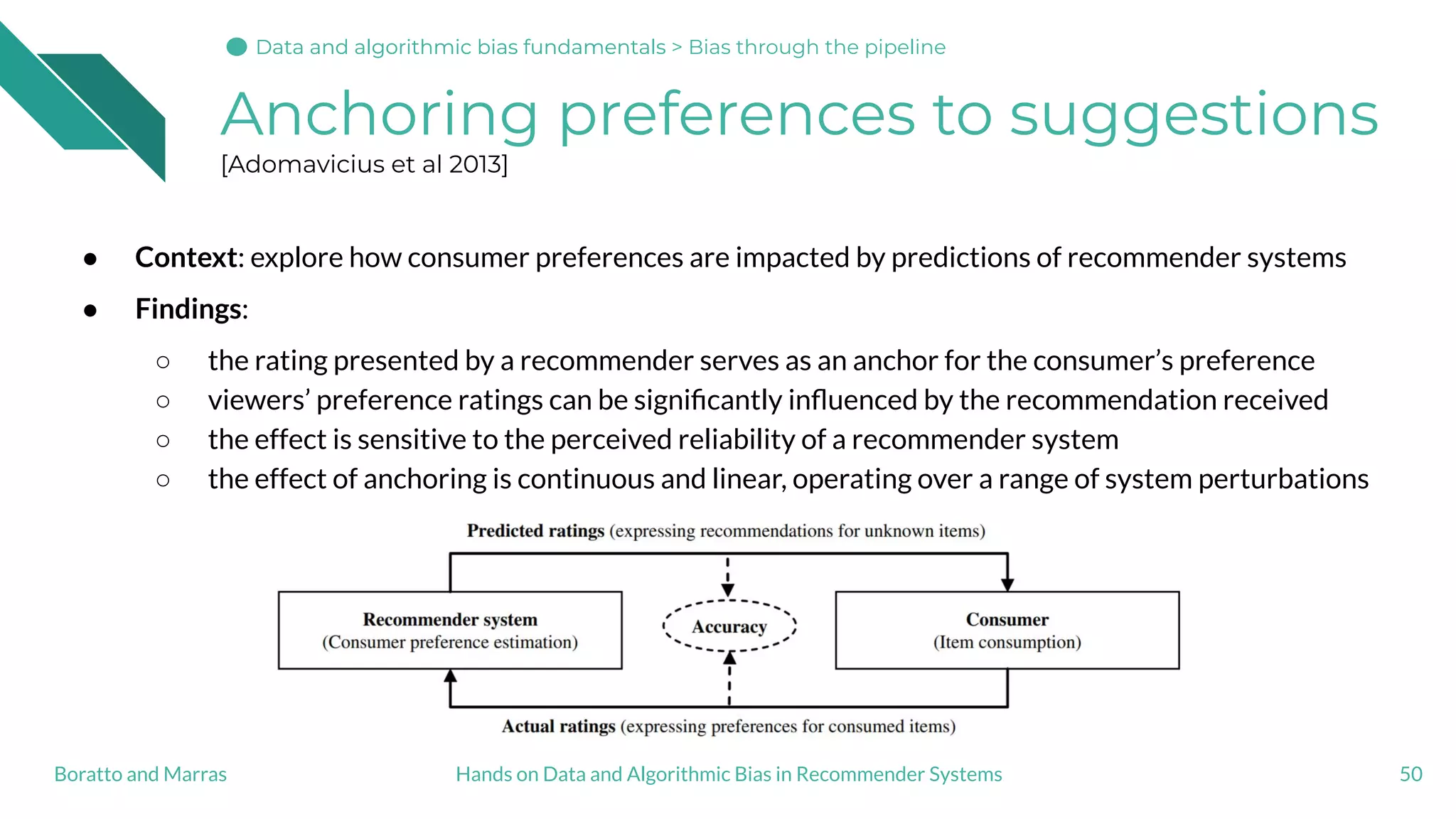 Anchoring preferences to suggestions
[Adomavicius et al 2013]
● Context: explore how consumer preferences are impacted by predictions of recommender systems
● Findings:
○ the rating presented by a recommender serves as an anchor for the consumer’s preference
○ viewers’ preference ratings can be signiﬁcantly inﬂuenced by the recommendation received
○ the effect is sensitive to the perceived reliability of a recommender system
○ the effect of anchoring is continuous and linear, operating over a range of system perturbations
50Hands on Data and Algorithmic Bias in Recommender SystemsBoratto and Marras
Data and algorithmic bias fundamentalsData and algorithmic bias fundamentals > Bias through the pipeline
 