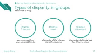 Types of disparity in groups
[Mehrabi et al. 2019]
67Hands on Data and Algorithmic Bias in Recommender SystemsBoratto and ...