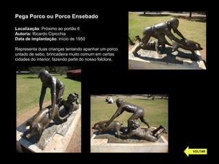 Pega Porco ou Porco Ensebado

Localização: Próximo ao portão 6
Autoria: Ricardo Cipicchia
Data de implantação: início de 1950

Representa duas crianças tentando apanhar um porco
untado de sebo, brincadeira muito comum em certas
cidades do interior, fazendo parte do nosso folclore.




                                                        VOLTAR
 