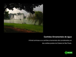 Canhões Ornamentais de água
A fonte luminosa e os canhões ornamentais são considerados um
                   dos cartões postais da Cidade de São Paulo.




                                                        VOLTAR
 