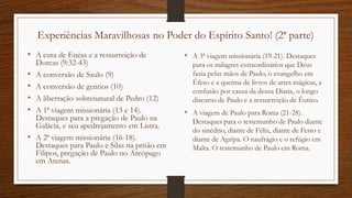 Experiências Maravilhosas no Poder do Espírito Santo! (2ª parte)
• A cura de Enéas e a ressurreição de
Dorcas (9:32-43)
• A conversão de Saulo (9)
• A conversão de gentios (10)
• A libertação sobrenatural de Pedro (12)
• A 1ª viagem missionária (13 e 14).
Destaques para a pregação de Paulo na
Galácia, e seu apedrejamento em Listra.
• A 2ª viagem missionária (16-18).
Destaques para Paulo e Silas na prisão em
Filipos, pregação de Paulo no Areópago
em Atenas.
• A 3ª viagem missionária (19-21). Destaques
para os milagres extraordinários que Deus
fazia pelas mãos de Paulo, o evangelho em
Éfeso e a queima de livros de artes mágicas, a
confusão por causa da deusa Diana, o longo
discurso de Paulo e a ressurreição de Êutico.
• A viagem de Paulo para Roma (21-28).
Destaques para o testemunho de Paulo diante
do sinédrio, diante de Félix, diante de Festo e
diante de Agripa. O naufrágio e o refúgio em
Malta. O testemunho de Paulo em Roma.
 