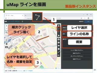 29
uMap ラインを描画 製品版インスタンス
１
２
３
順次クリック
ライン描く
レイヤを選択して
名称・概要を設定
概要
レイヤ選択
ラインの名称
 