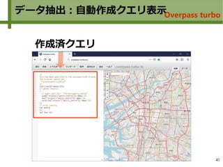 45
データ抽出：自動作成クエリ表示
　　作成済クエリ
Overpass turbo
 