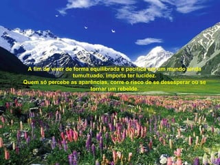 A fim de viver de forma equilibrada e pacífica em um mundo ainda tumultuado, importa ter lucidez. Quem só percebe as aparências, corre o risco de se desesperar ou se tornar um rebelde. 
