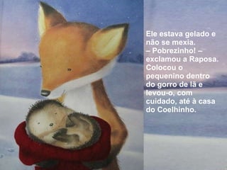 Ele estava gelado e não se mexia. –  Pobrezinho! – exclamou a Raposa. Colocou o pequenino dentro do gorro de lã e levou-o, com cuidado, até à casa do Coelhinho. 