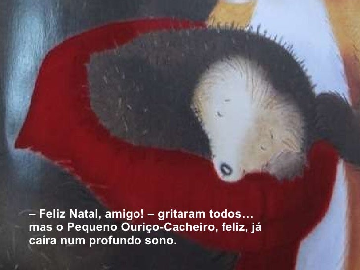 <ul><li>–  Feliz Natal, amigo! – gritaram todos… mas o Pequeno Ouriço-Cacheiro, feliz, já caíra num profundo sono. </li></ul>