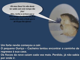 Um forte nevão começou a cair. O pequeno Ouriço – Cacheiro tentou encontrar o caminho de regresso à sua casa. Os flocos da neve caíam cada vez mais. Perdido, já não sabia por onde ir. Oh meu Deus! Eu não devia ter saído com este tempo tão frio! Mas, tenho a certeza que o meu amigo Coelhinho vai ficar muito feliz com o lindo gorro de lã que lhe ofereci 