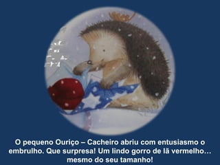 O pequeno Ouriço – Cacheiro abriu com entusiasmo o embrulho. Que surpresa! Um lindo gorro de lã vermelho… mesmo do seu tamanho! 