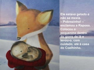 Ele estava gelado e não se mexia. –  Pobrezinho! – exclamou a Raposa. Colocou o pequenino dentro do gorro de lã e levou-o, com cuidado, até à casa do Coelhinho. 