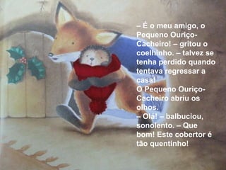 –  É o meu amigo, o Pequeno Ouriço-Cacheiro! – gritou o coelhinho. – talvez se tenha perdido quando tentava regressar a casa! O Pequeno Ouriço-Cacheiro abriu os olhos.  –  Olá! – balbuciou, sonolento. – Que bom! Este cobertor é tão quentinho! 
