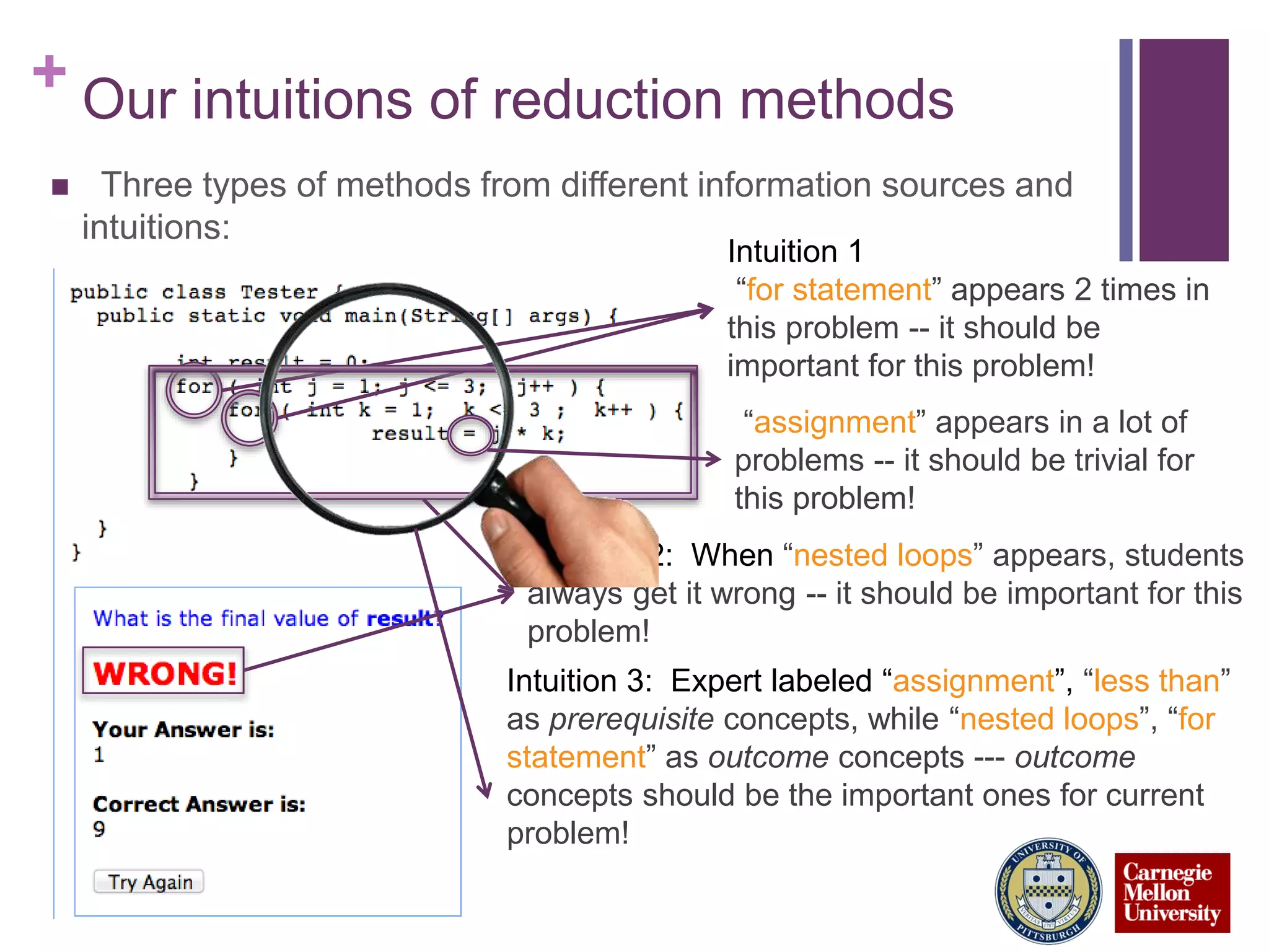 + Our intuitions of reduction methods
 Three types of methods from different information sources and
intuitions:
Intuition 1
“for statement” appears 2 times in
this problem -- it should be
important for this problem!
“assignment” appears in a lot of
problems -- it should be trivial for
this problem!
Intuition 2: When “nested loops” appears, students
always get it wrong -- it should be important for this
problem!
Intuition 3: Expert labeled “assignment”, “less than”
as prerequisite concepts, while “nested loops”, “for
statement” as outcome concepts --- outcome
concepts should be the important ones for current
problem!
 
