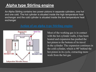 Alpha type Stirling engine
An Alpha Stirling contains two power pistons in separate cylinders, one hot
and one cold. The hot cylinder is situated inside the high temperature heat
exchanger and the cold cylinder is situated inside the low temperature heat
exchanger
Action of an alpha type Stirling engine
Most of the working gas is in contact
with the hot cylinder walls, it has been
heated and expansion has pushed the
hot piston to the bottom of its travel
in the cylinder. The expansion continues in
the cold cylinder, which is 90° behind the
hot piston in its cycle, extracting more
work from the hot gas.
 