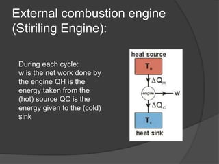 External combustion engine
(Stiriling Engine):
During each cycle:
w is the net work done by
the engine QH is the
energy taken from the
(hot) source QC is the
energy given to the (cold)
sink
 